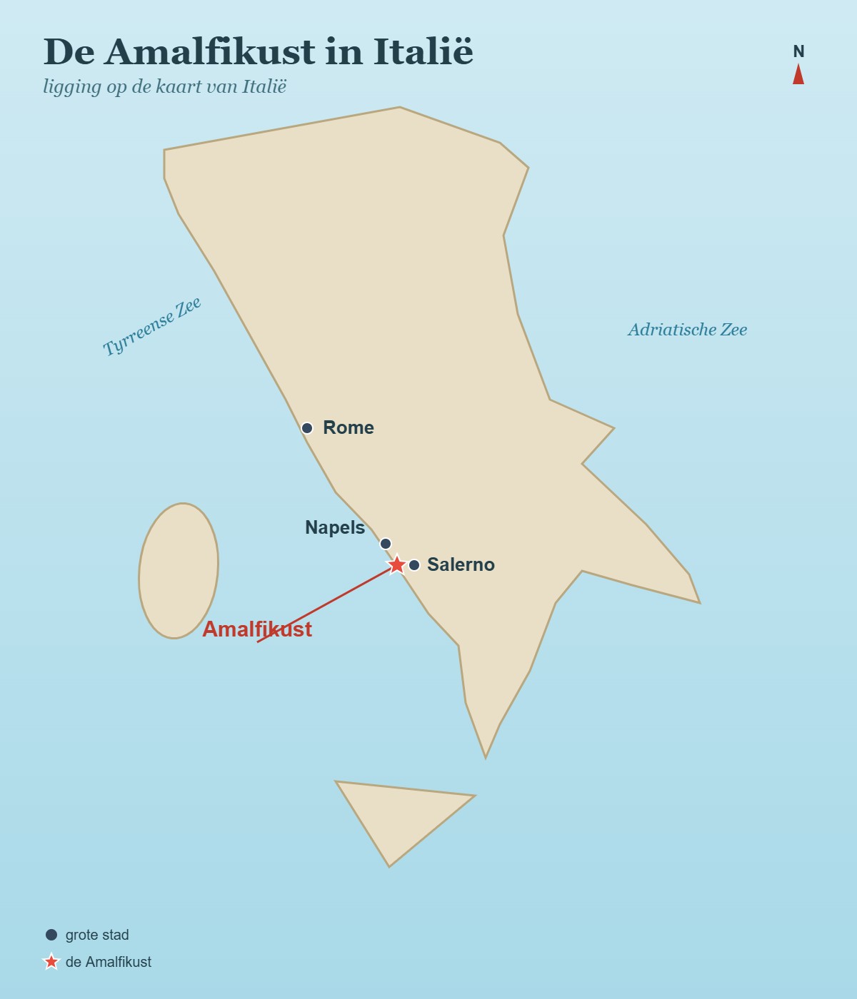 Kaart van Italië met de ligging van de Amalfikust tussen Napels en Salerno